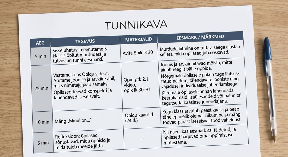 Ühe matemaatikatunni detailne kava: aeg, tegevus, materjalid, eesmärk